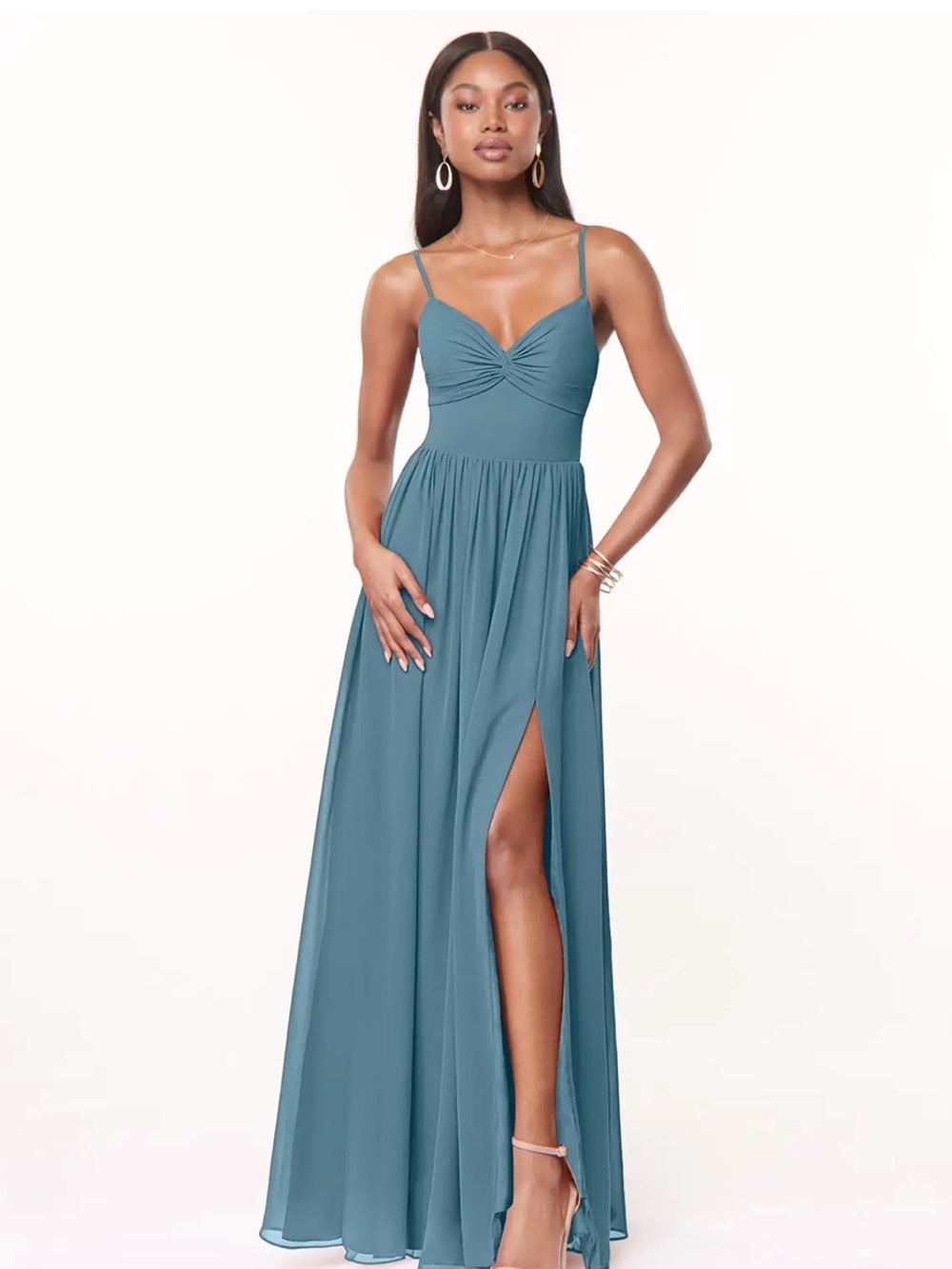 Azazie Teal Twist-Bodice Maxi Dress with Side Slit